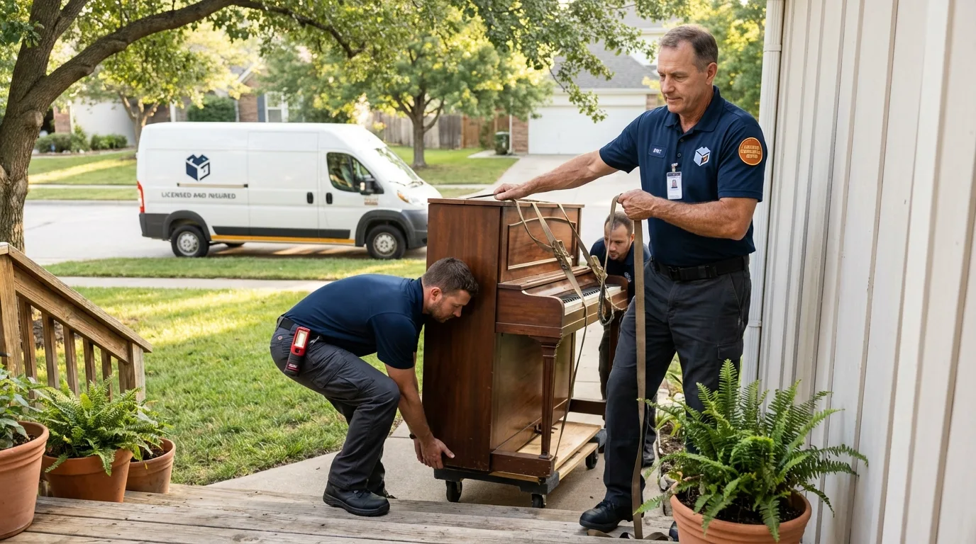 Licensed piano movers securing grand piano in Grafton, ND